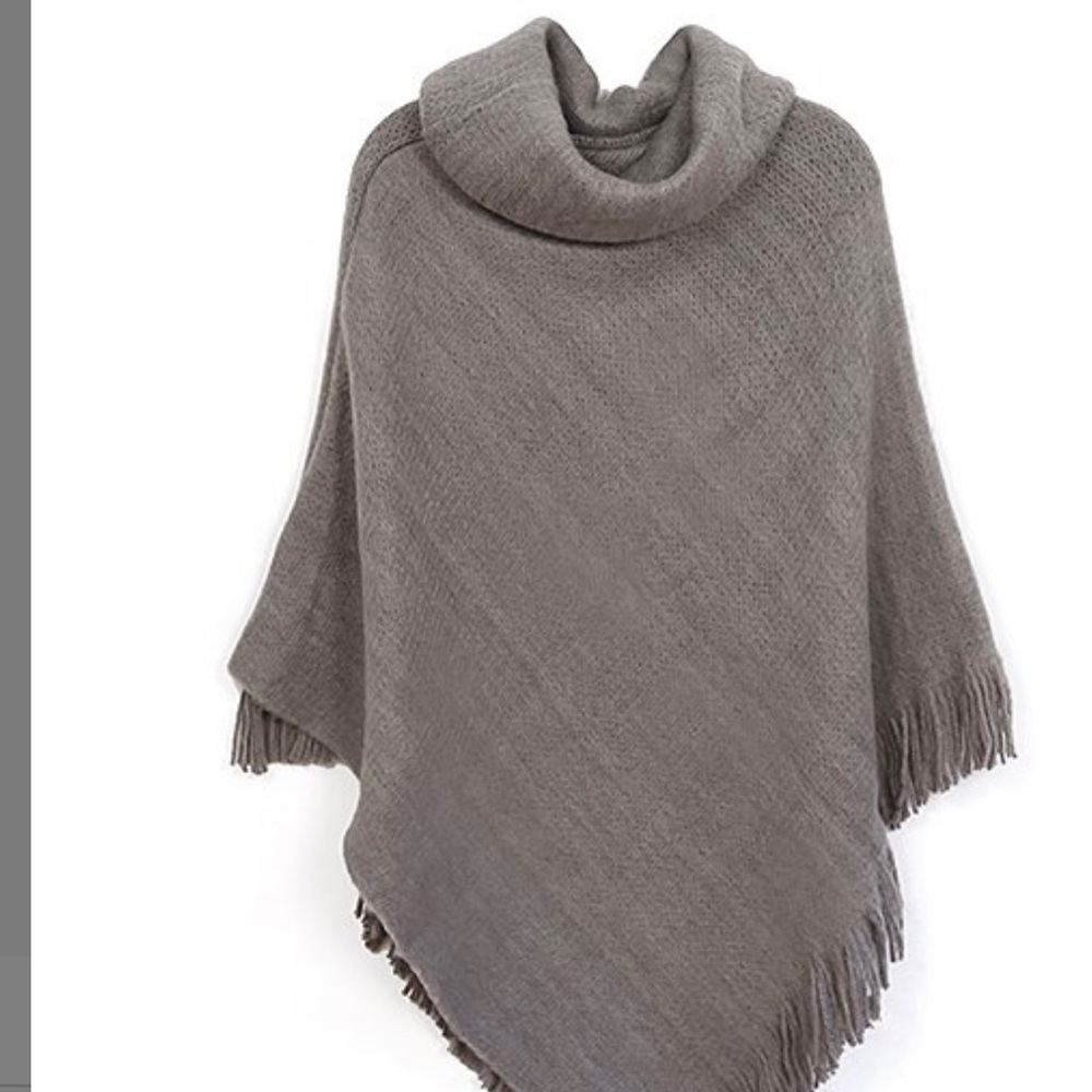 Gray fringe cowl neck poncho